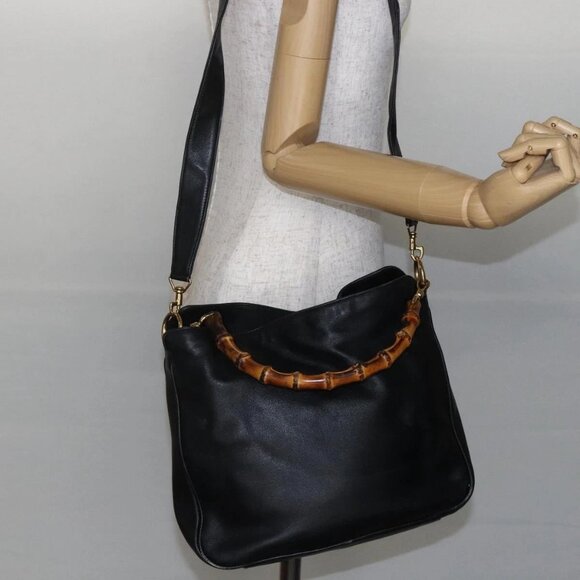 GUCCI Bamboo Shoulder Bag Leather 2way Black Gold Auth - Picture 15 of 16
